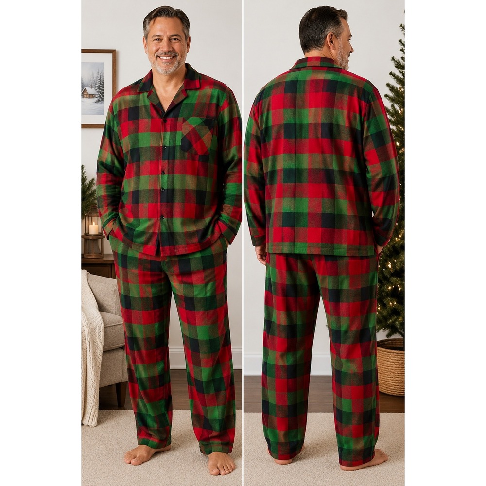 North Pole Mens XL Red Green Buffalo Plaid Flannel Pajama Set 100% Cotton XL
